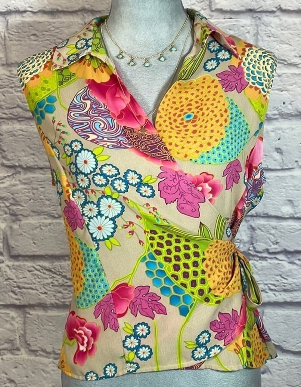 Vintage Y2K Caviar vibrant tropical wrap blouse